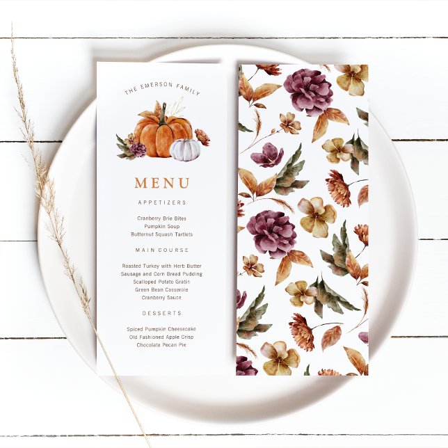 Menu de la citrouille de Thanksgiving (Rustic fall harvest Thanksgiving Pumpkin Menu, watercolor autumn florals by Painted Paperie
)