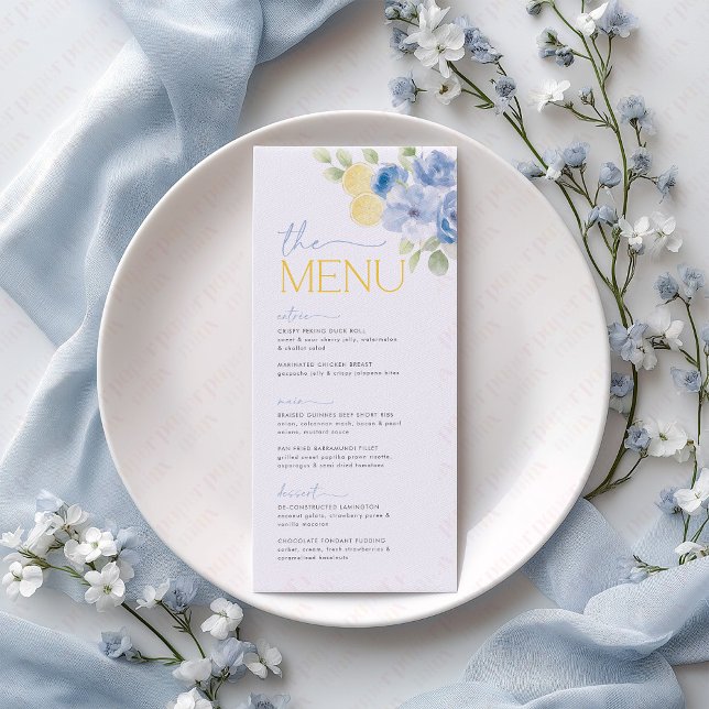Menu de la Fête de Mariage Main Squeeze Fleurs Ble (She found her main squeeze! Blue floral lemon citrus bridal shower menu)