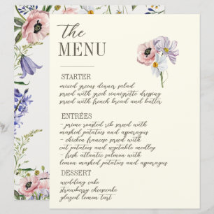 Menu de Mariage à bordures florales pourpre et crè