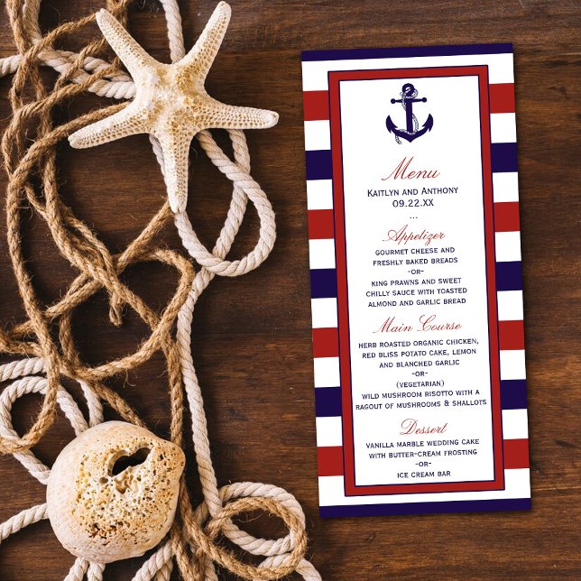 Menu de mariage à l'ancre nautique rouge et marine (Créateur téléchargé)