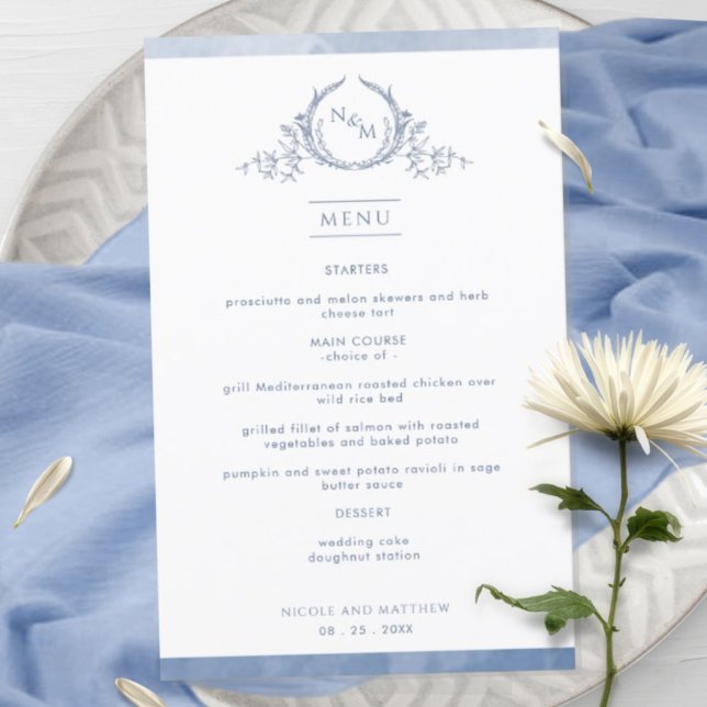 Menu de mariage à l'aquarelle avec monogramme bleu (Créateur téléchargé)