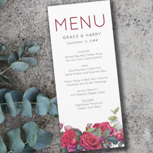 Menu de mariage à l'aquarelle de rose rouge