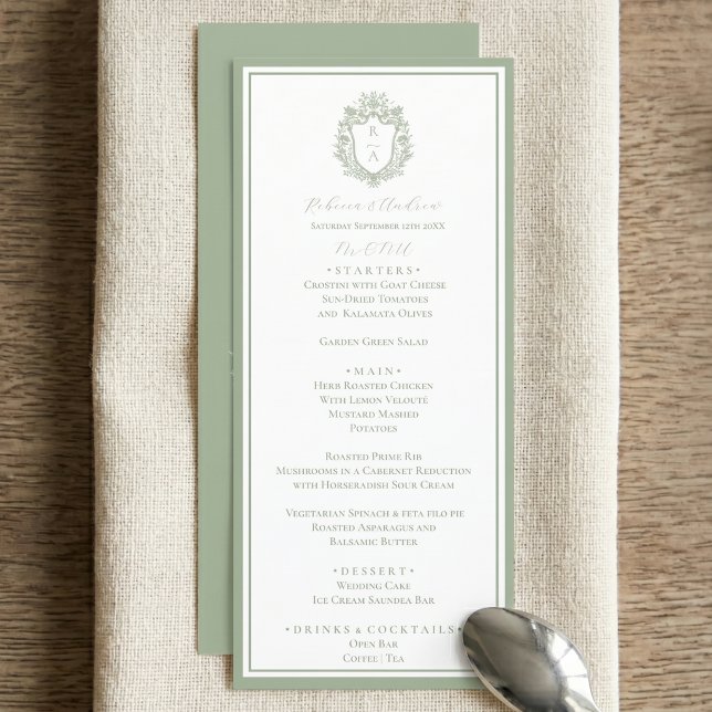 Menu de mariage à monogramme avec blason botanique (Créateur téléchargé)