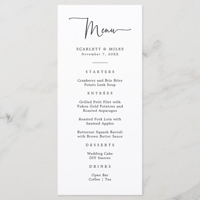 Menu de mariage à script simple (Devant)