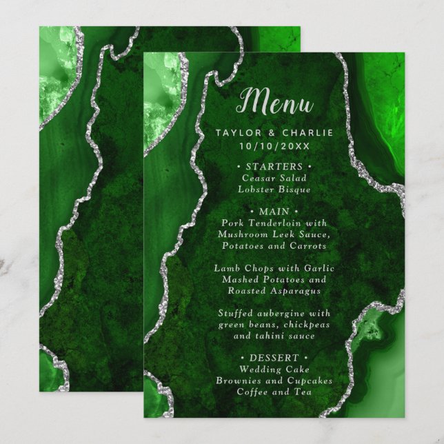 Menu de mariage Agate verte et argentée (Devant / Derrière)