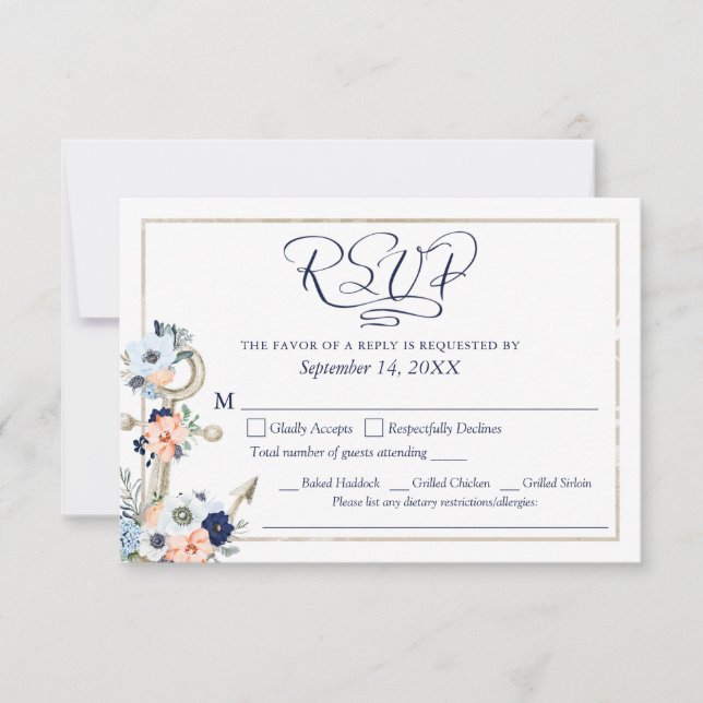 Menu de mariage ancre nautique bleu marine pêche R (Devant)