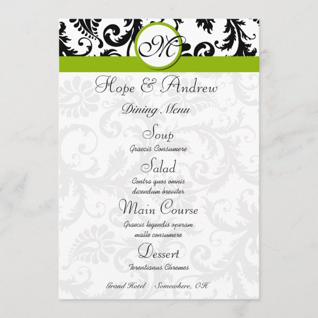 Menu de mariage Apple Green Swirl Damask Noir (Devant)