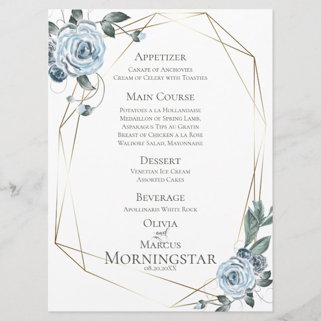 Menu de mariage | Aquarelle bleu bleu foncé (Devant)