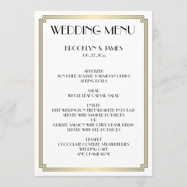 Menu de mariage Art Déco Blanc et Or Gatsby (Devant)