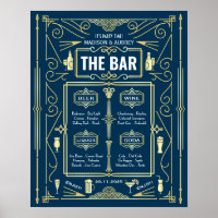 Menu de mariage Art déco or bleu avec bar ouvert