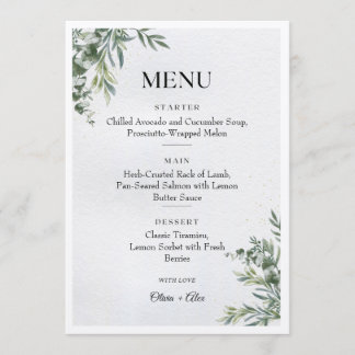Menu de mariage aux feuilles aquarelles blanches e