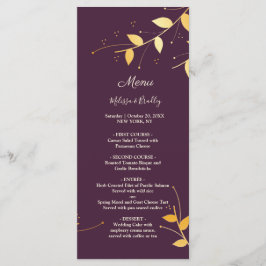 Menu de mariage aux feuilles dorées violettes élég
