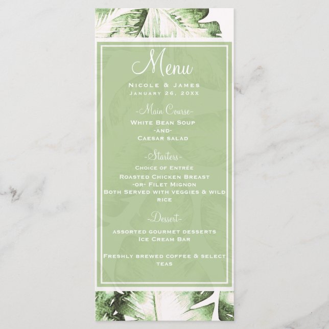 Menu de mariage aux feuilles tropicales vertes et  (Devant)