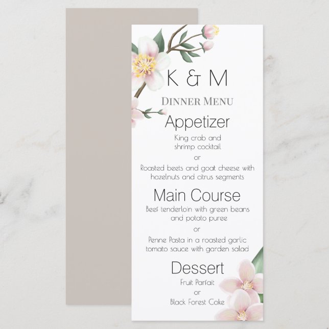 Menu de mariage aux fleurs de pommier aquarelles r (Devant / Derrière)
