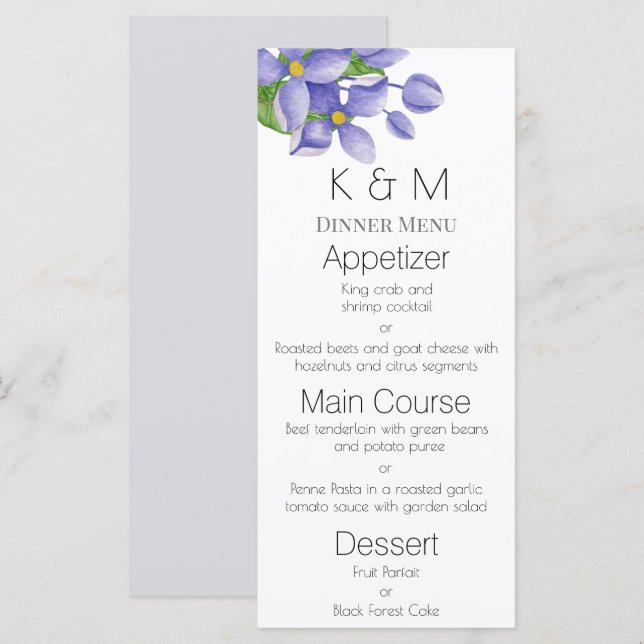 Menu de mariage aux lilas aquarelle romantique (Devant / Derrière)