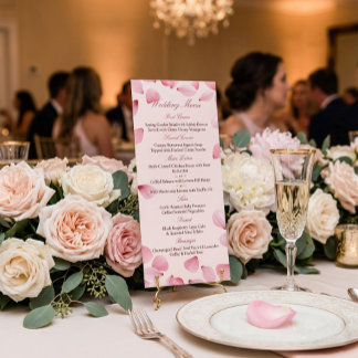Menu de mariage aux pétales roses romantiques
