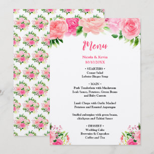 Menu de mariage aux roses roses avec feuillage