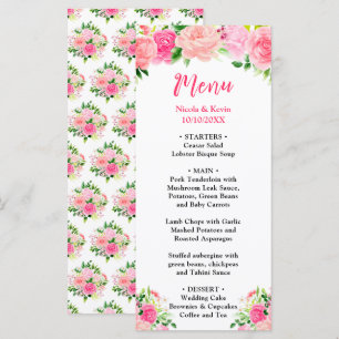 Menu de mariage aux roses roses avec feuillage