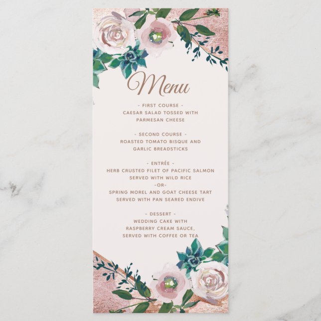 Menu de mariage aux succulents rose poudré et or r (Devant)