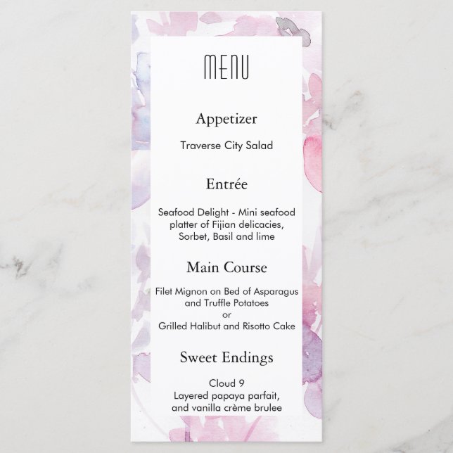 Menu de mariage avec des fleurs délicates à l'aqua (Devant)