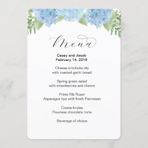 Menu de mariage avec les hortensias floraux bleus