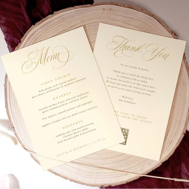 Menu de mariage avec Merci Or (Elegant wedding menu with thank you on the back and qr code to upload photos for photo sharing.)
