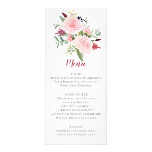 Menu de mariage avec pivoines roses et eucalyptus