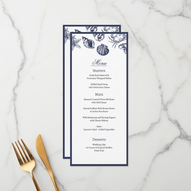 Menu de mariage bleu marine classique nautique océ (Devant/Arrière en situation)