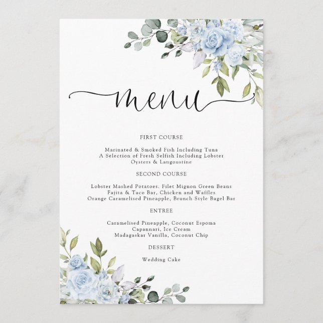 Menu de mariage botanique bleu doux (Devant)
