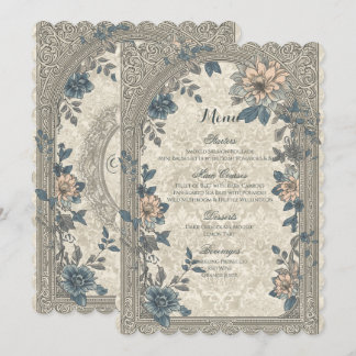 Menu de mariage botanique floral bleu élégant vint