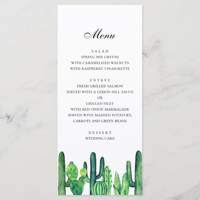 Menu de mariage cactus vert. Menu du dîner cactus (Devant)