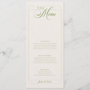 Menu de mariage calligraphié classique vert et ivo