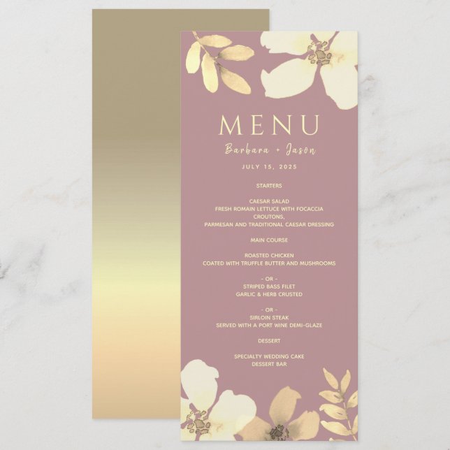 Menu de mariage calligraphié Rose Poussiéreuse (Devant / Derrière)