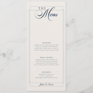 Menu de mariage calligraphié sur ivoire bleu marin