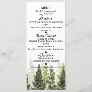 Menu de mariage champêtre simple aux arbres de pin