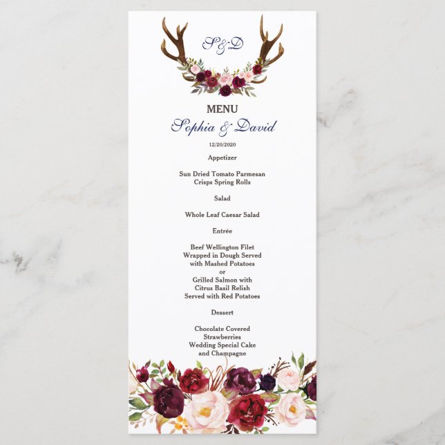 Menu de mariage Chic Burgundy Marsala Floral Antle (Devant)