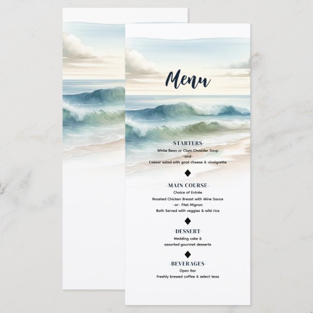 Menu de mariage côtier aux vagues de plage à l'aqu (Devant / Derrière)