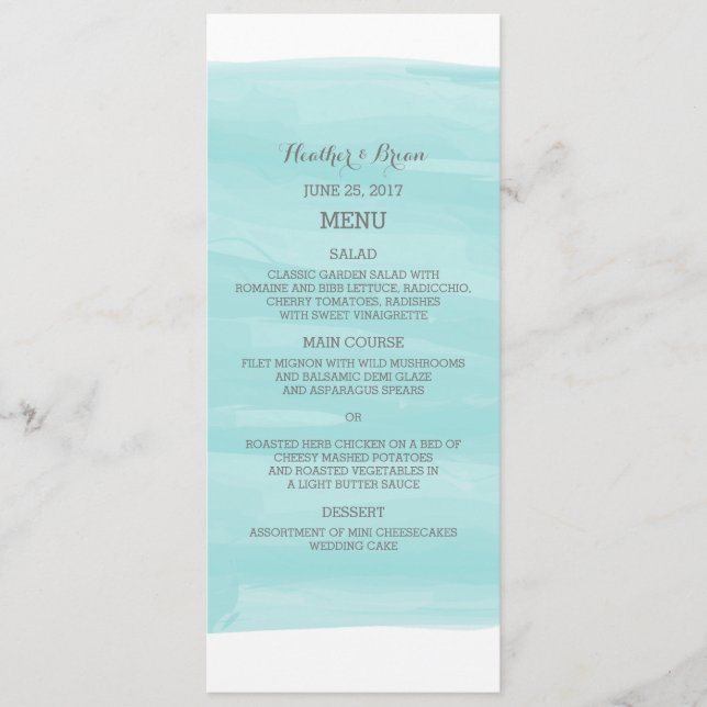 Menu de mariage d'aquarelle de turquoise (Devant)