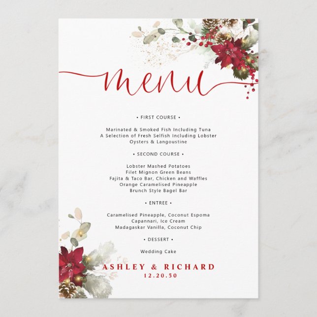 Menu de mariage de Noël à fleurs rouges  (Devant)