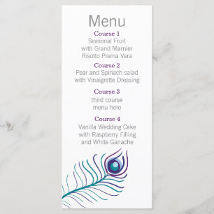 Menu de Mariage de paon bleu turquoise