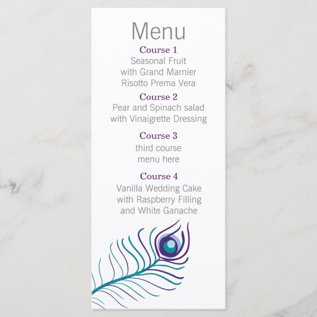 Menu de Mariage de paon bleu turquoise (Devant)