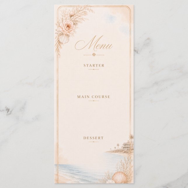 Menu de mariage de plage à l'aquarelle modifiable (Devant)