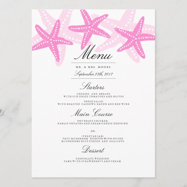 Menu de mariage de plage du Pink Starfish Dinner (Devant)