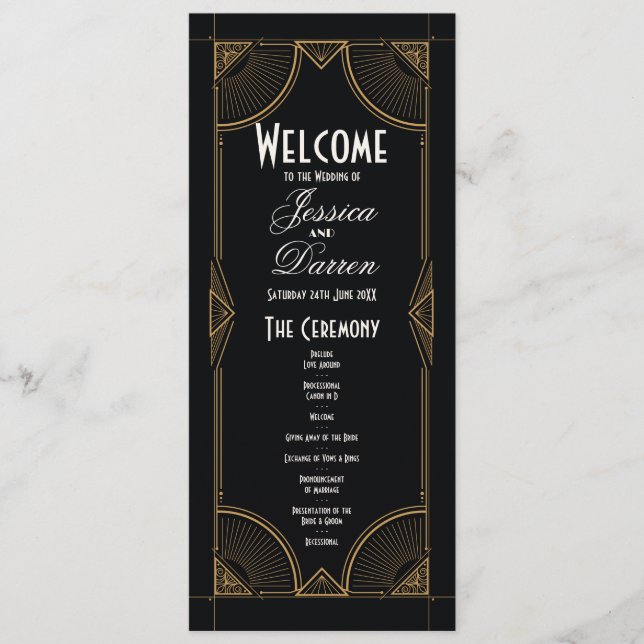 Menu de mariage des années 1920, détails Art Déco  (Devant)