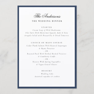 Menu de mariage élégant à cadre bleu avec nom de f