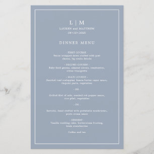 Menu de mariage élégant avec monogramme bleu pouss