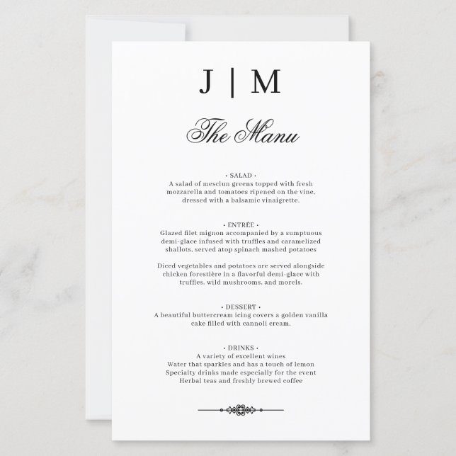 Menu de mariage élégant avec monogramme classique (Devant)