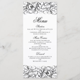 Menu de mariage élégant avec tourbillons noirs et