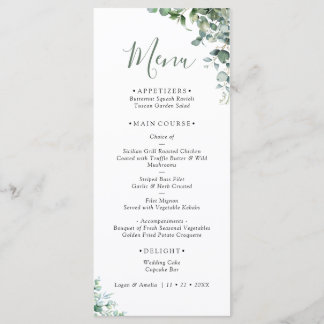 Menu de mariage élégant avec verdure d'eucalyptus
