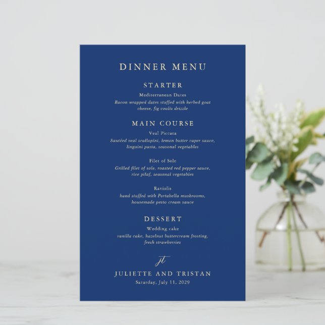 Menu de mariage élégant bleu marine et crème (Debout devant)